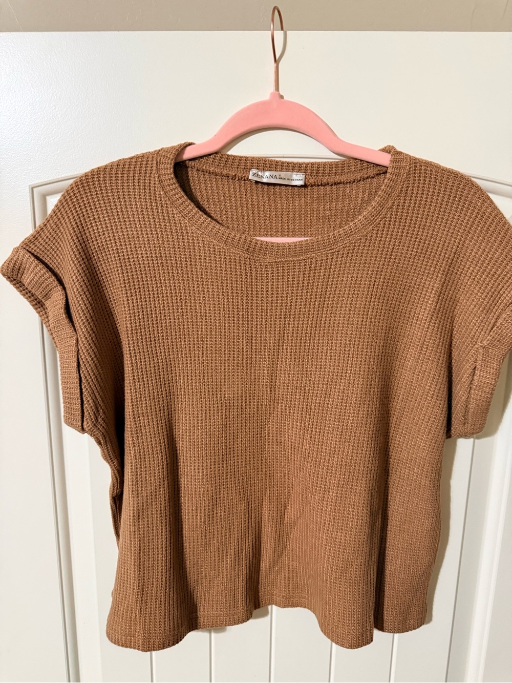 Brown Waffle Knit Short Sleeve Top NWOT